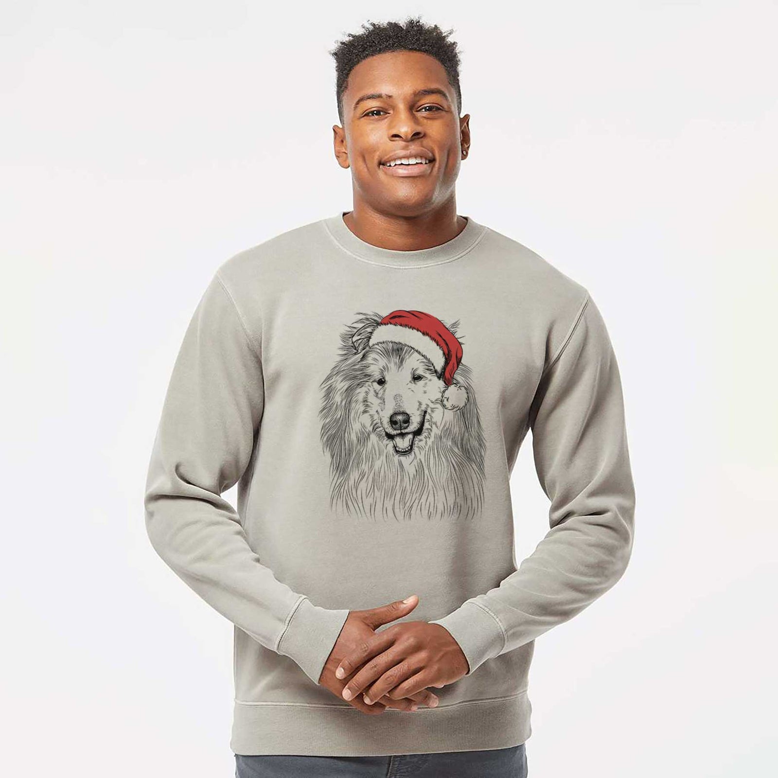 Hand-drawn sketch of Donnan the Rough Collie wearing a Santa hat on a Cement Unisex pigment dyed crew sweatshirt