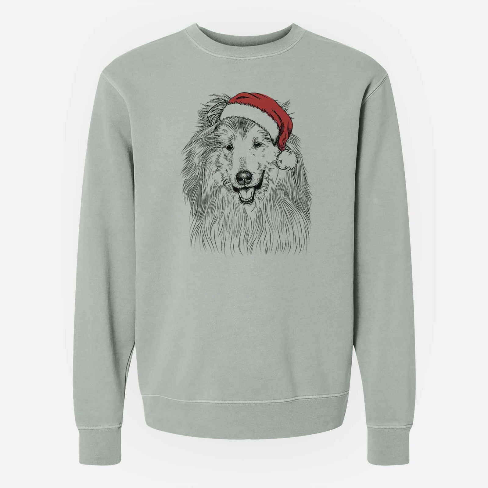 Hand-drawn sketch of Donnan the Rough Collie wearing a Santa hat on a Sage Unisex pigment dyed crew sweatshirt
