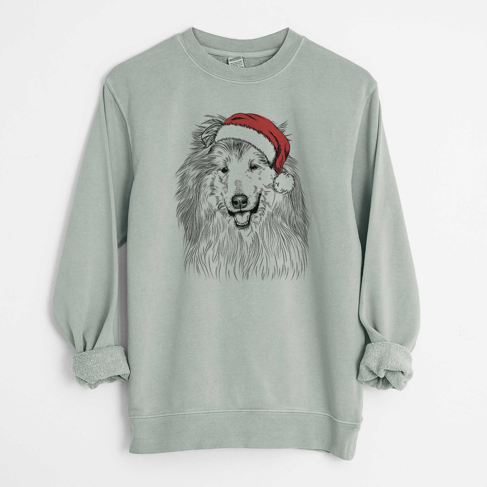 Hand-drawn sketch of Donnan the Rough Collie wearing a Santa hat on a Sage Unisex pigment dyed crew sweatshirt