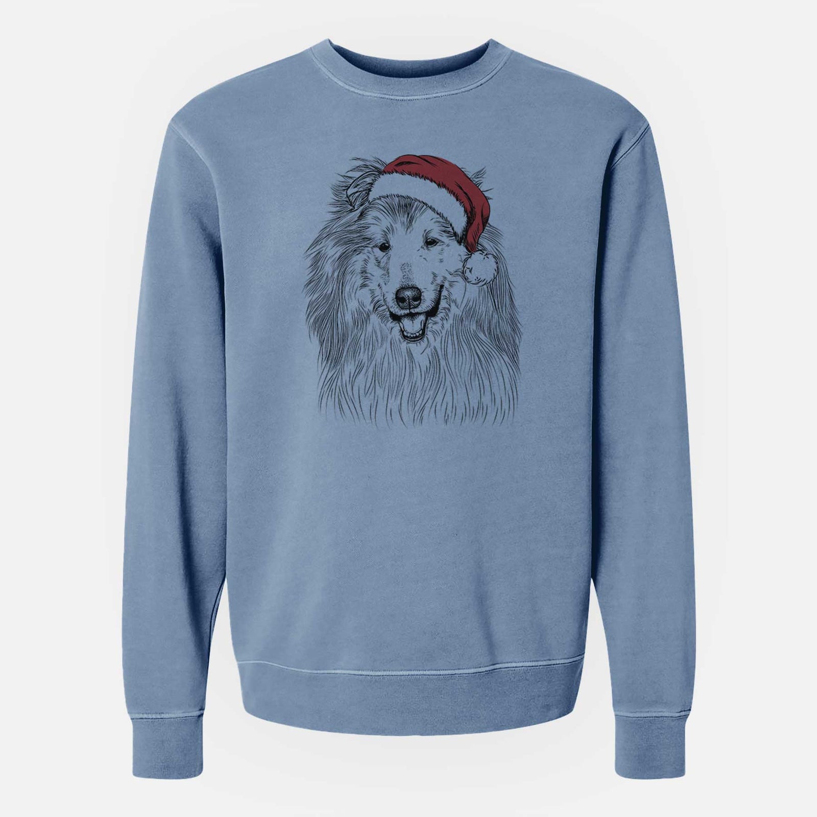 Hand-drawn sketch of Donnan the Rough Collie wearing a Santa hat on a Slate Blue Unisex pigment dyed crew sweatshirt