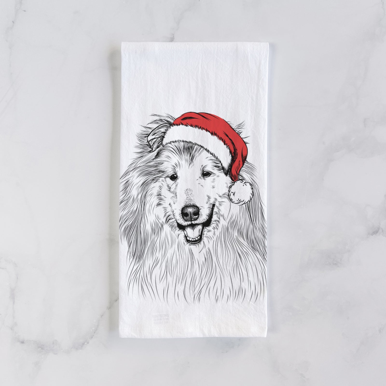 Hand-drawn sketch of Donnan the Rough Collie wearing a Santa hat on a tea towel