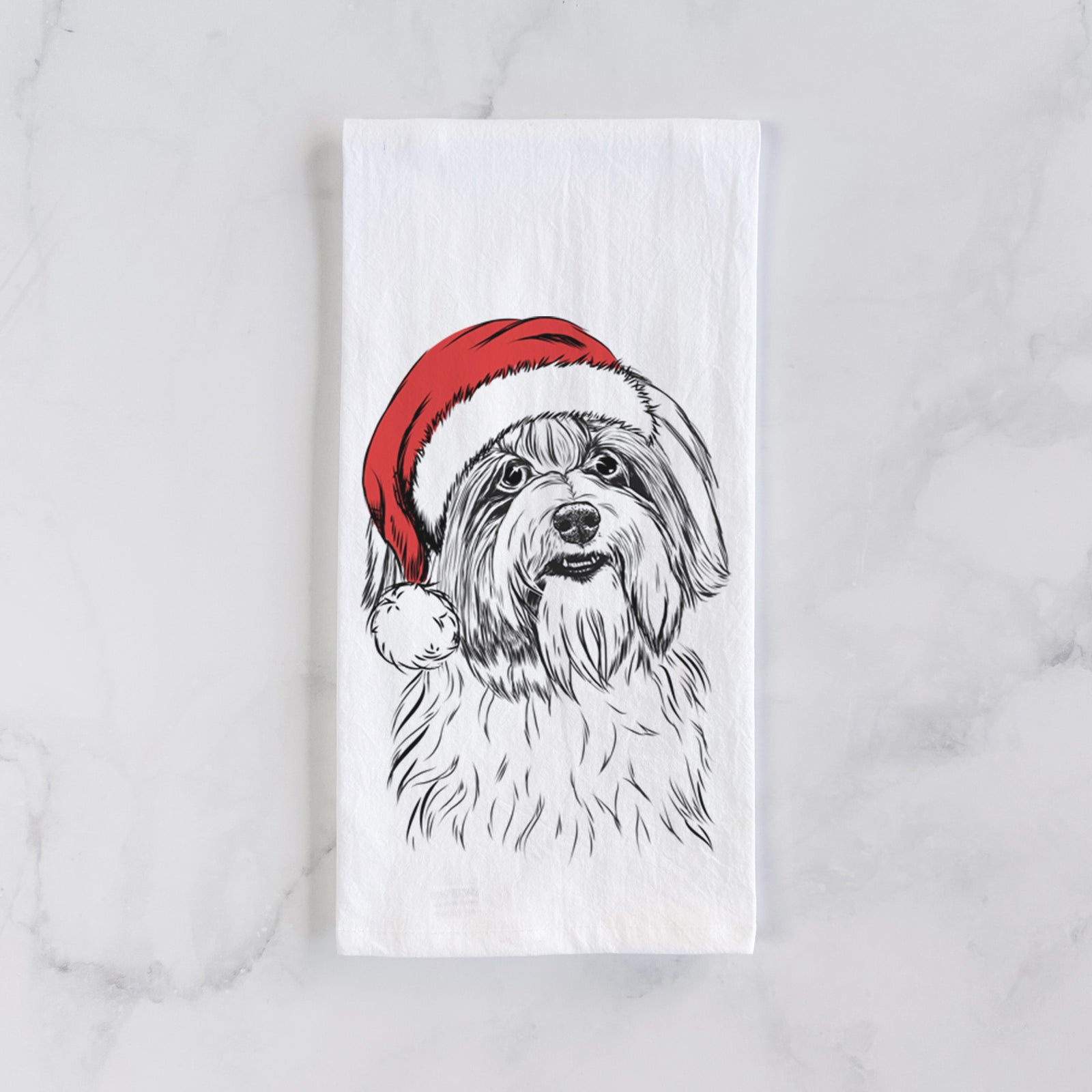 Hand-drawn sketch of Dooley the Havanese wearing a Santa hat on a tea towel