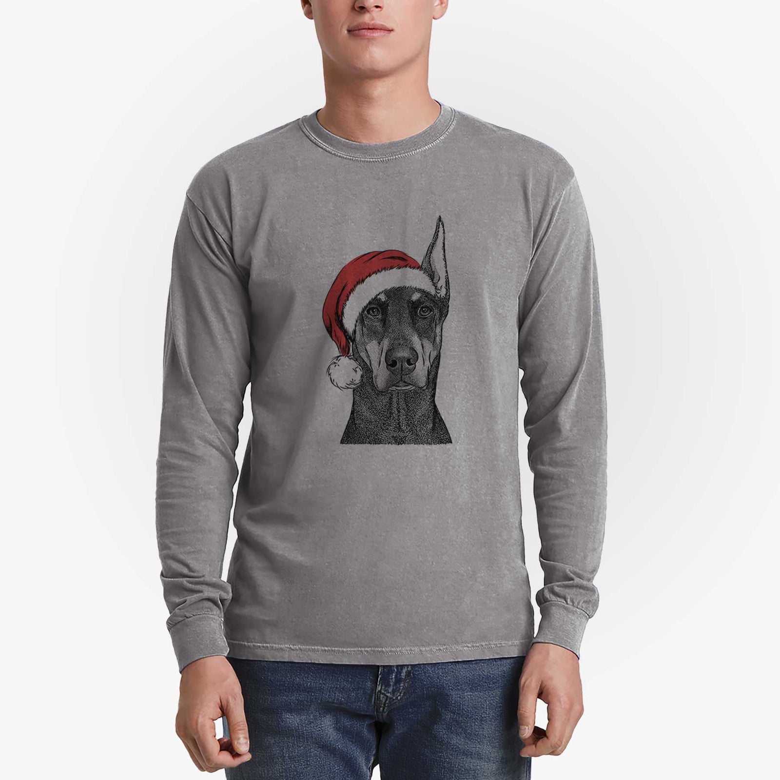 Santa Drake the Doberman Pinscher - Men's Heavyweight 100% Cotton Long Sleeve