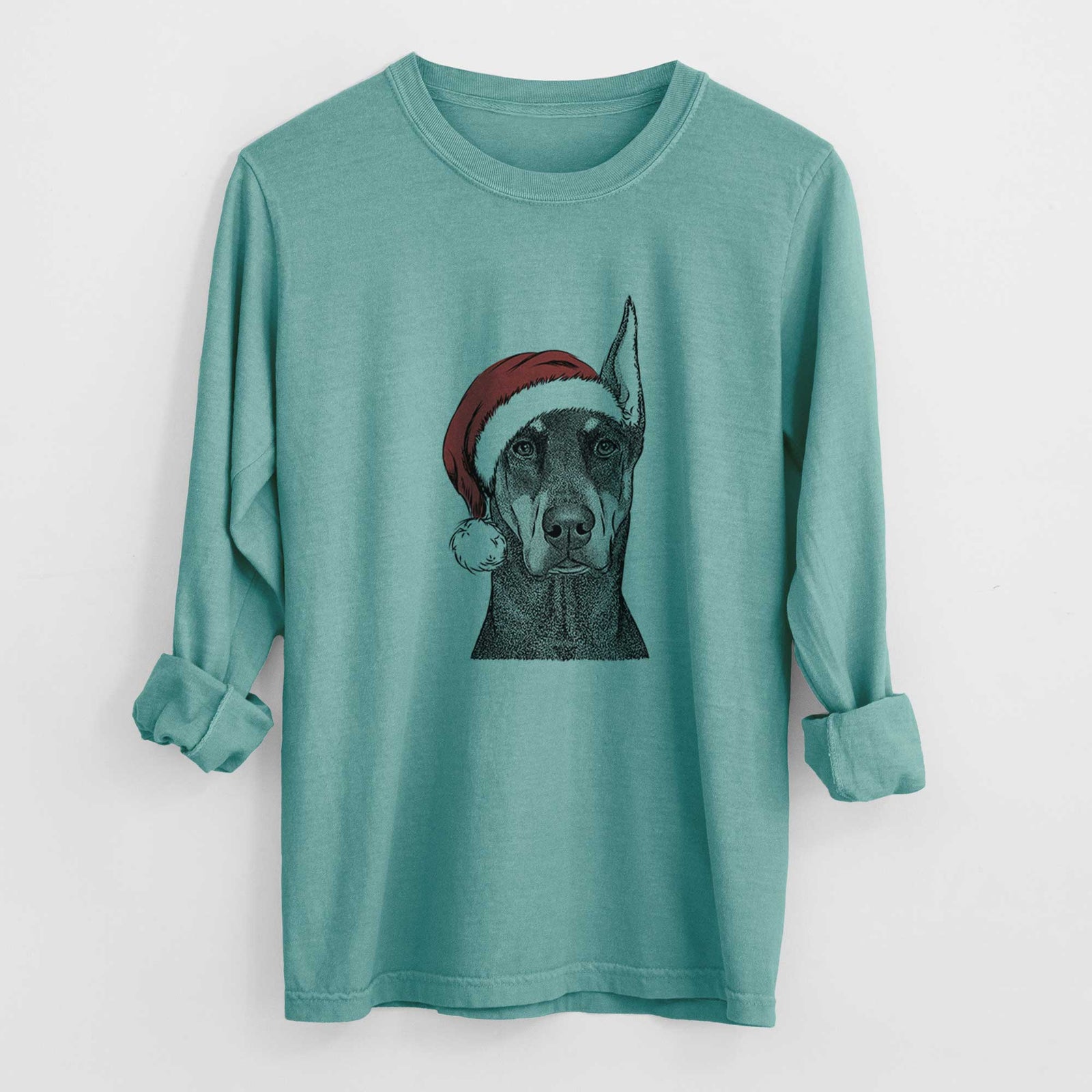 Santa Drake the Doberman Pinscher - Men's Heavyweight 100% Cotton Long Sleeve