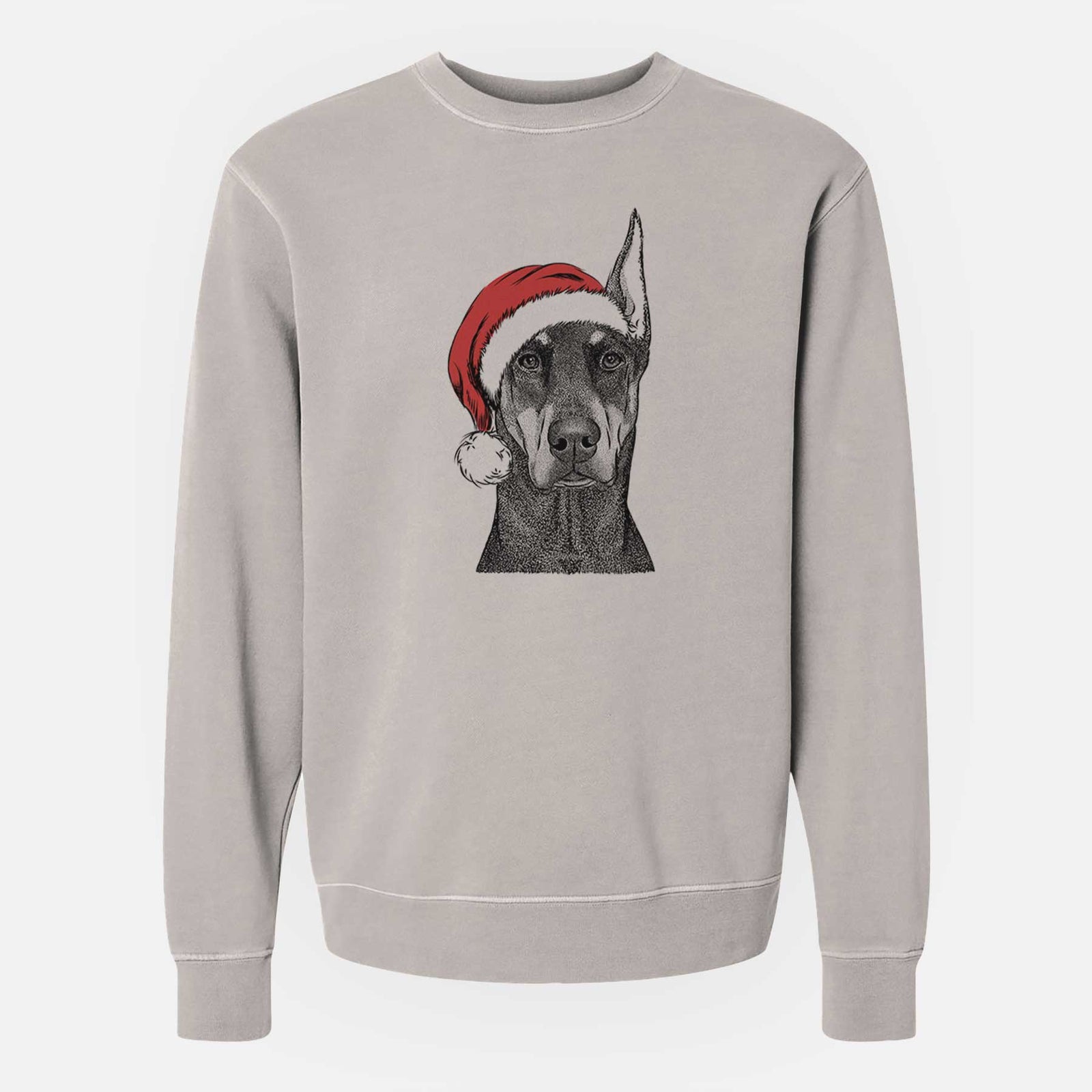 Hand-drawn sketch of Drake the Doberman Pinscher wearing a Santa hat on a Cement Unisex pigment dyed crew sweatshirt