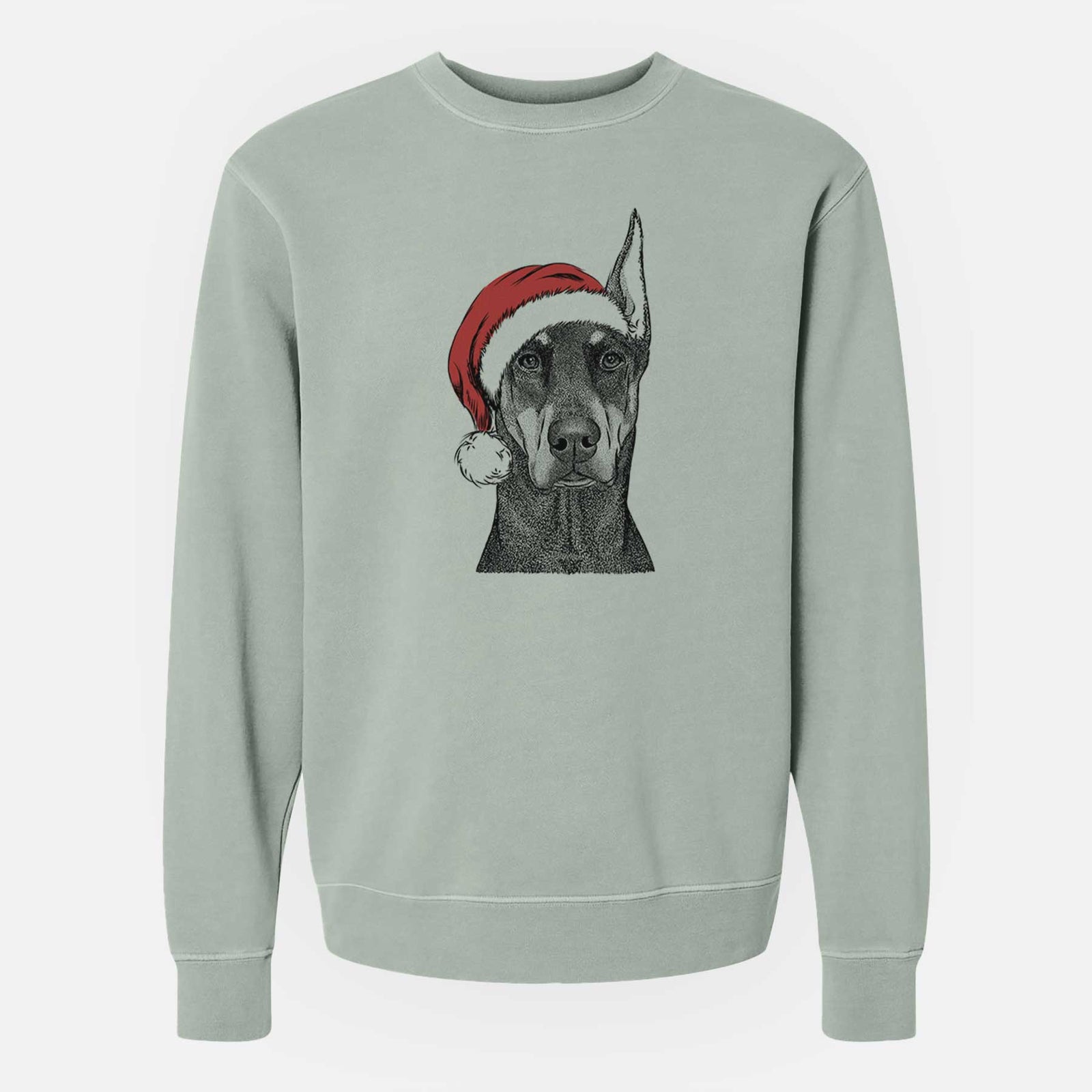 Hand-drawn sketch of Drake the Doberman Pinscher wearing a Santa hat on a Sage Unisex pigment dyed crew sweatshirt