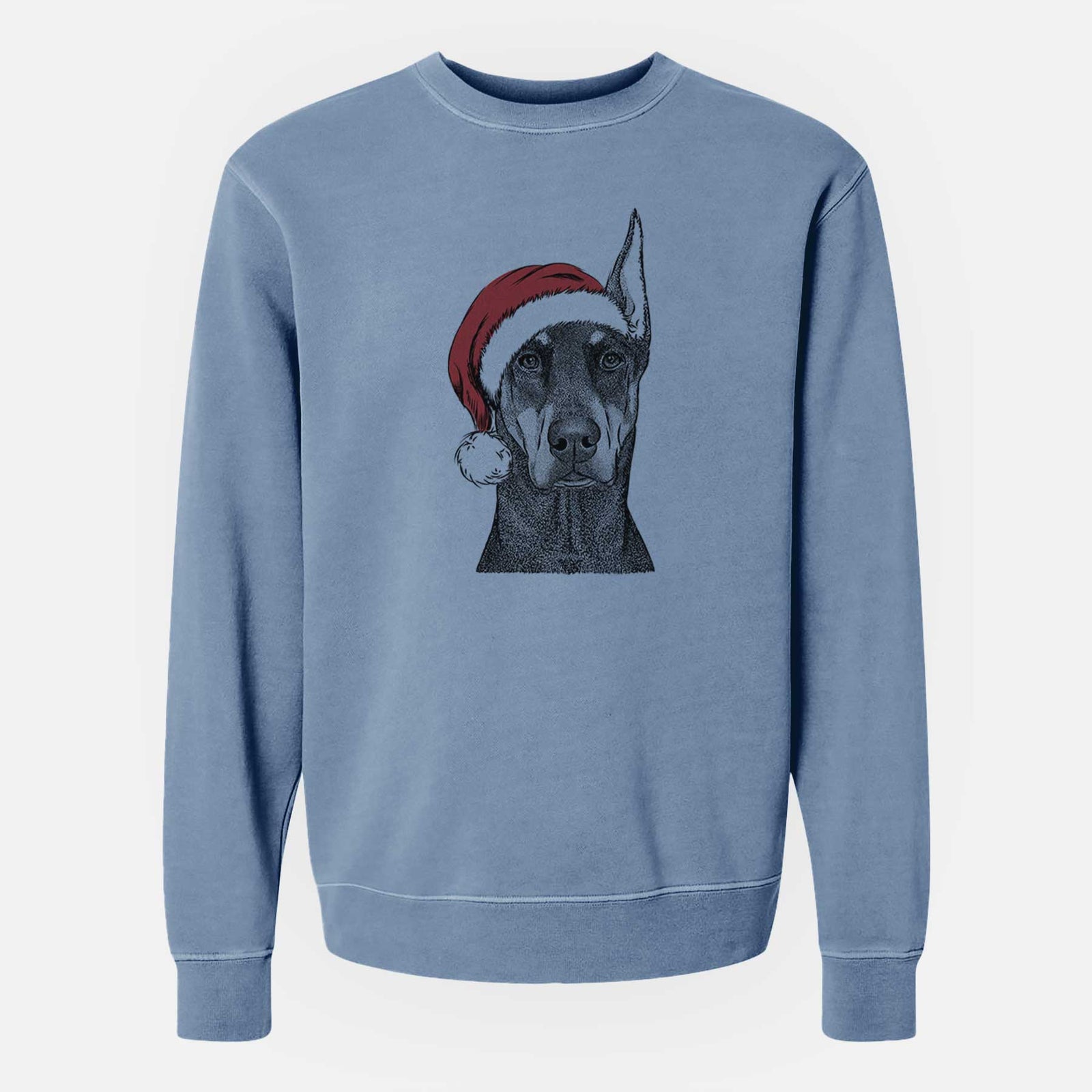 Hand-drawn sketch of Drake the Doberman Pinscher wearing a Santa hat on a Slate Blue Unisex pigment dyed crew sweatshirt