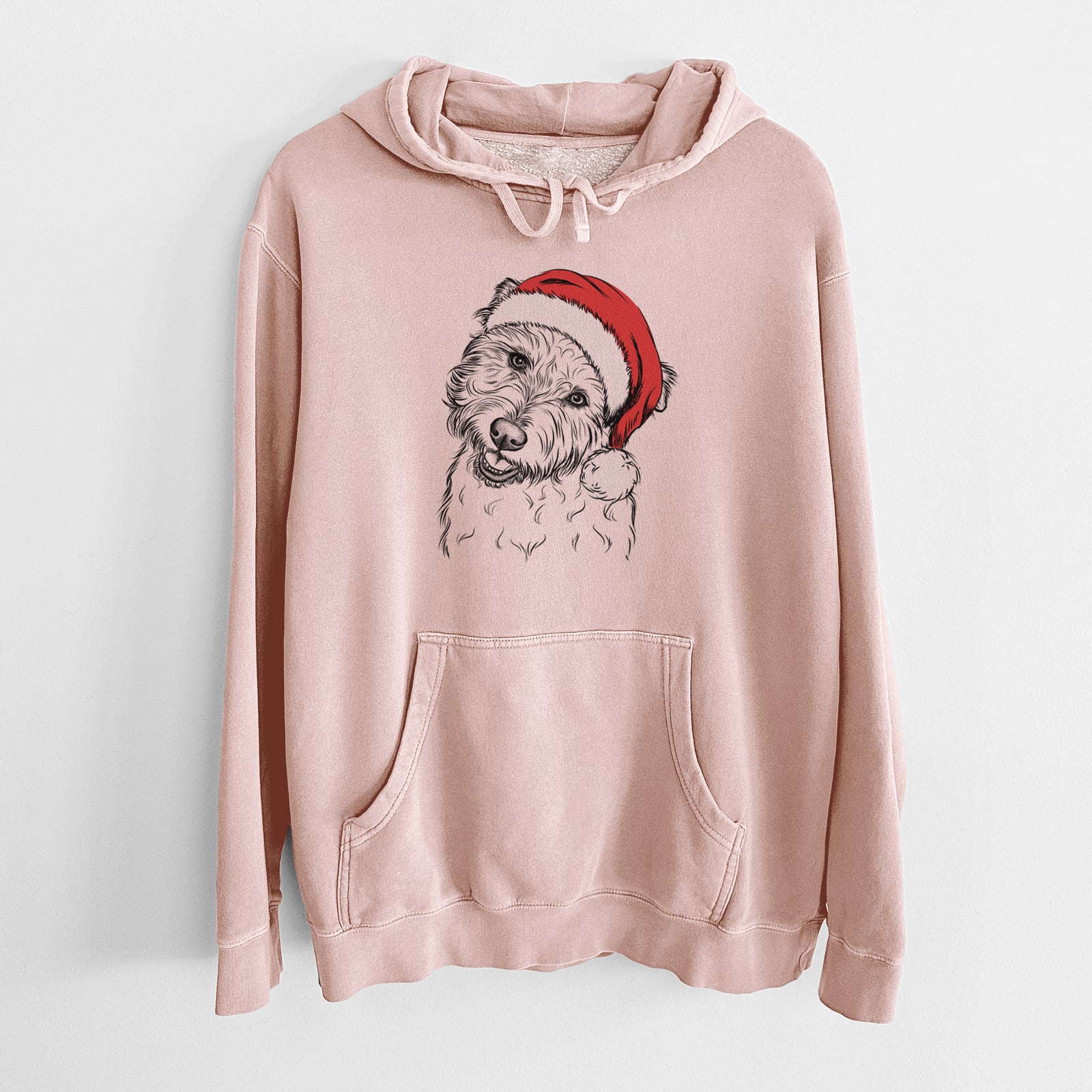 Hand-drawn sketch of Duffy the Glen of Imaal Terrier wearing a Santa hat on a Dusty Pink Unisex pigment dyed hoodie