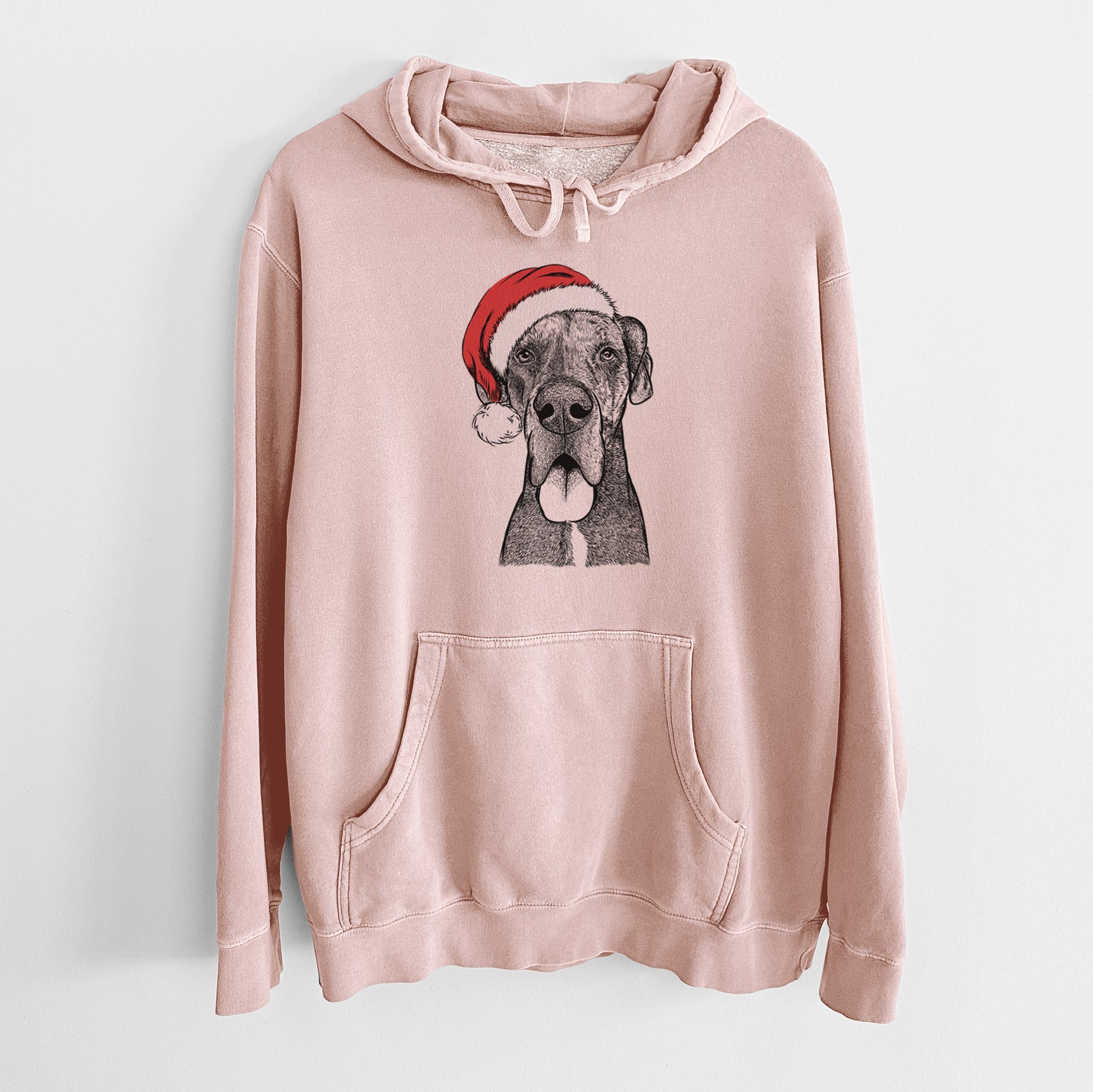Hand-drawn sketch of Eli the Great Dane wearing a Santa hat on a Dusty Pink Unisex pigment dyed hoodie