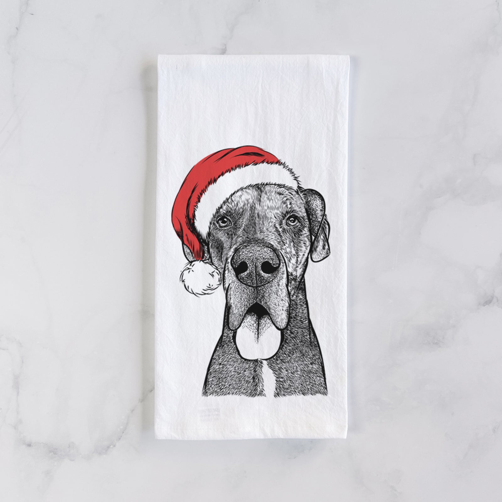 Hand-drawn sketch of Eli the Great Dane wearing a Santa hat on a tea towel