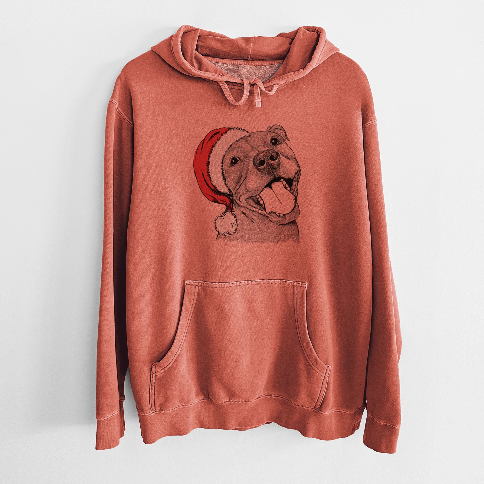 Hand-drawn sketch of Eloise the Pitbull Mix wearing a Santa hat on an Amber Unisex pigment dyed hoodie