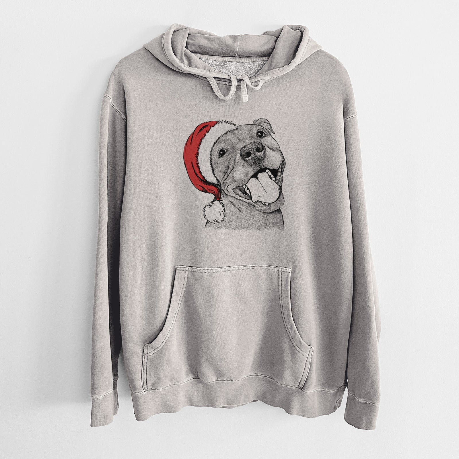 Hand-drawn sketch of Eloise the Pitbull Mix wearing a Santa hat on a Cement Unisex pigment dyed hoodie