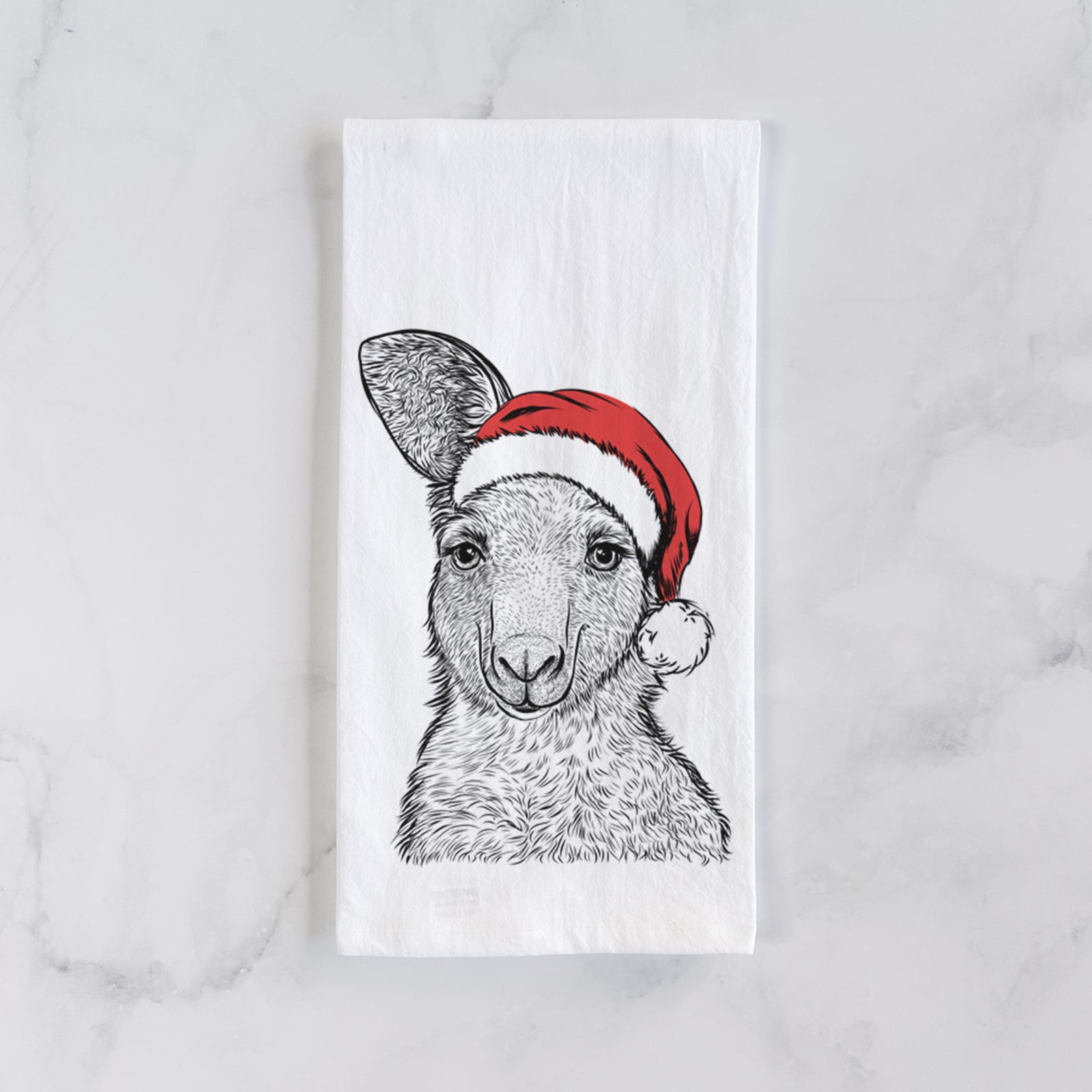 Hand-drawn sketch of Evelyn the Eastern Grey Kangaroo wearing a Santa hat on a tea towel