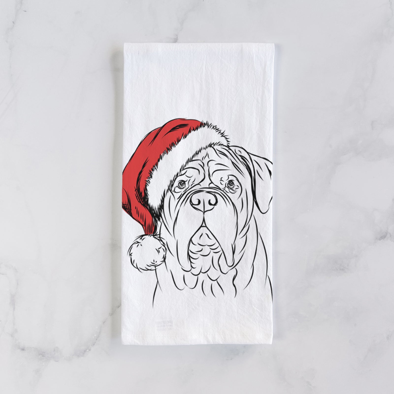 Hand-drawn sketch of Felix the Dogue de Bordeaux wearing a Santa hat on a tea towel