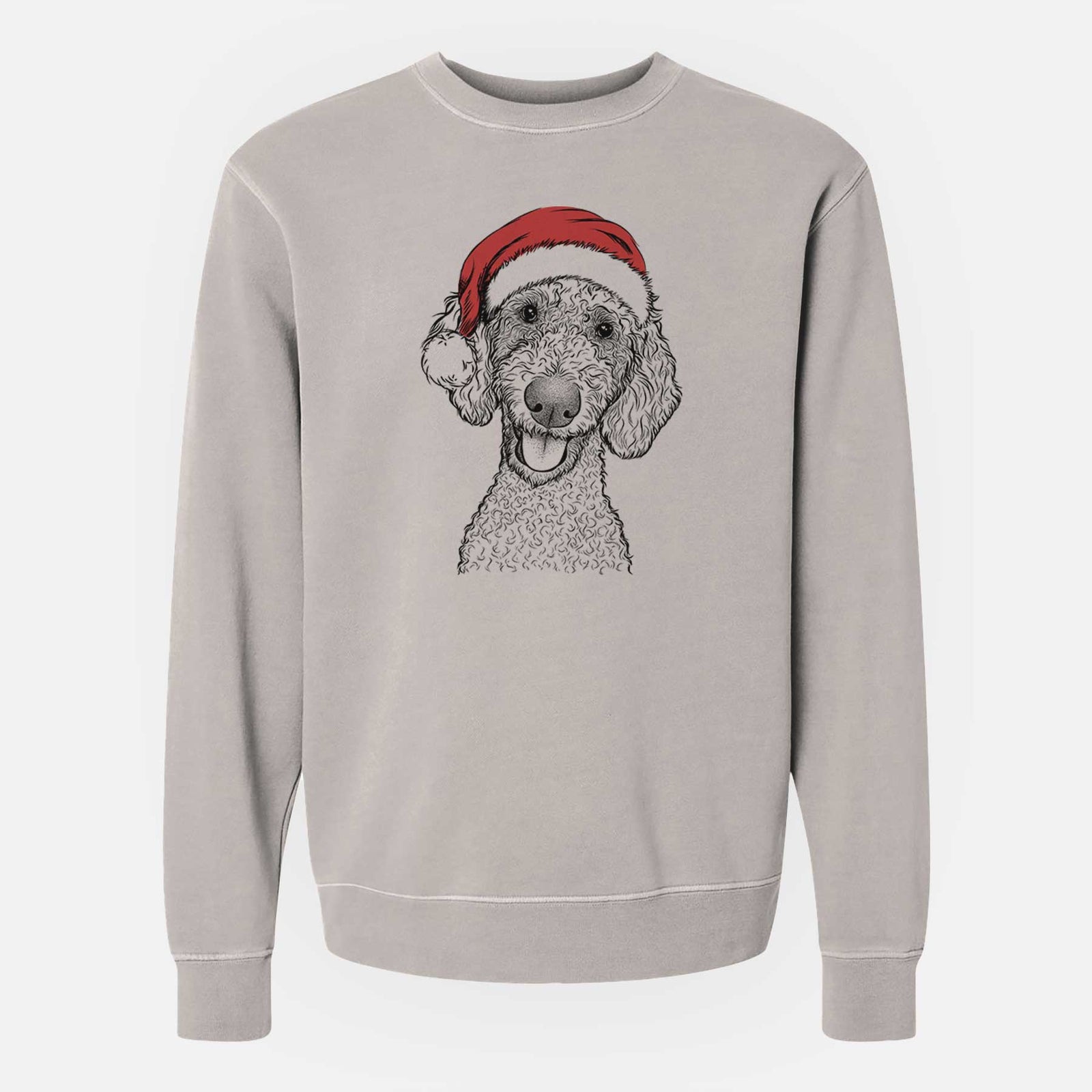 Hand-drawn sketch of Fenway the Goldendoodle wearing a Santa hat on a Cement Unisex pigment dyed crew sweatshirt