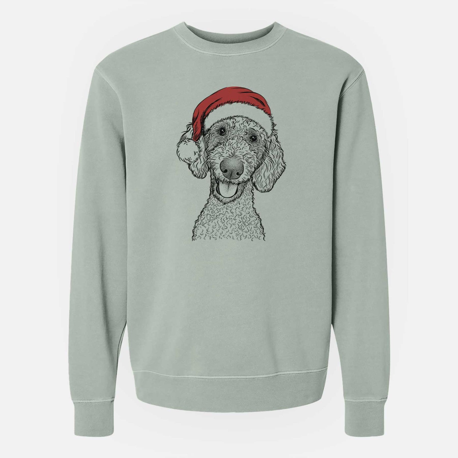 Hand-drawn sketch of Fenway the Goldendoodle wearing a Santa hat on a Sage Unisex pigment dyed crew sweatshirt