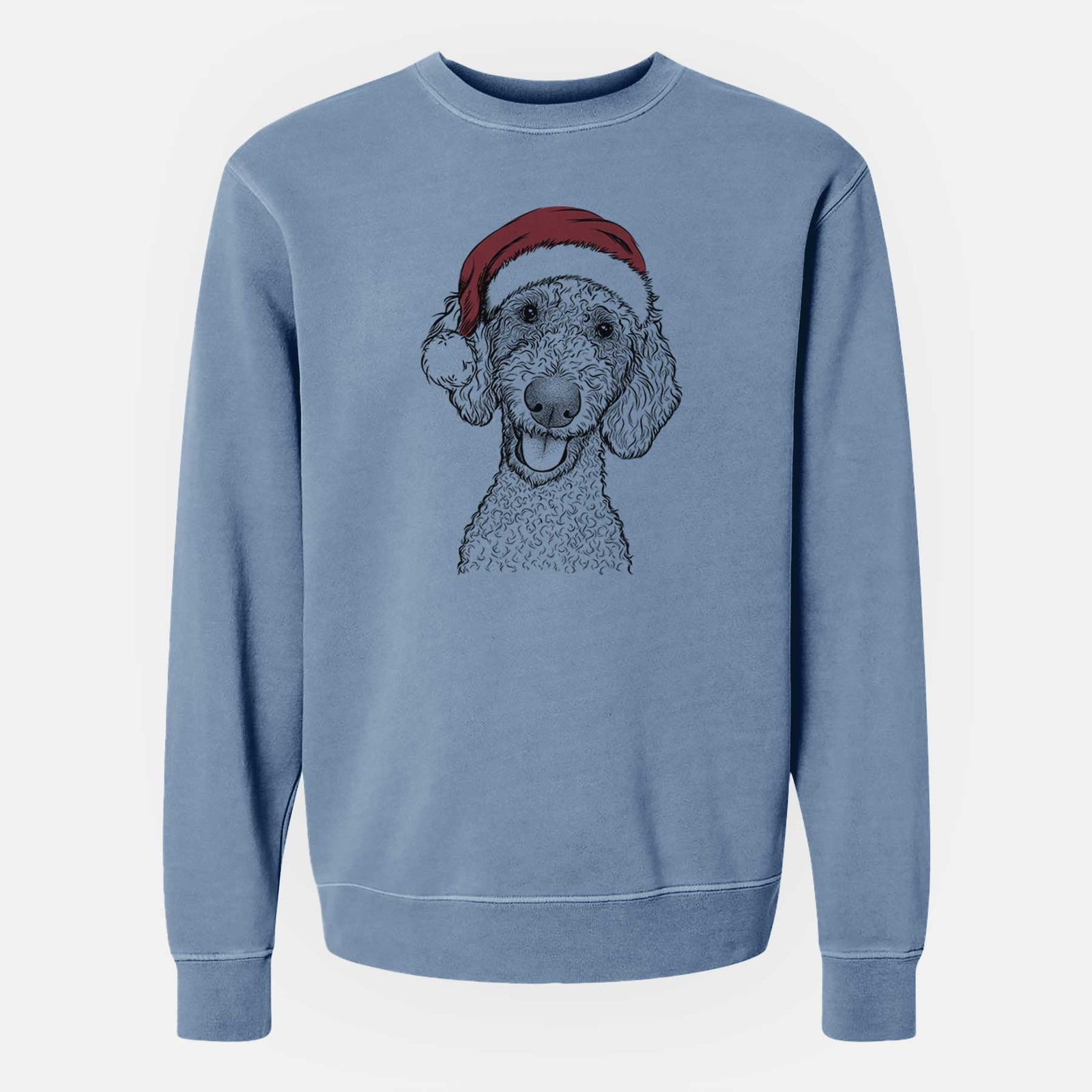 Hand-drawn sketch of Fenway the Goldendoodle wearing a Santa hat on a Slate Blue Unisex pigment dyed crew sweatshirt
