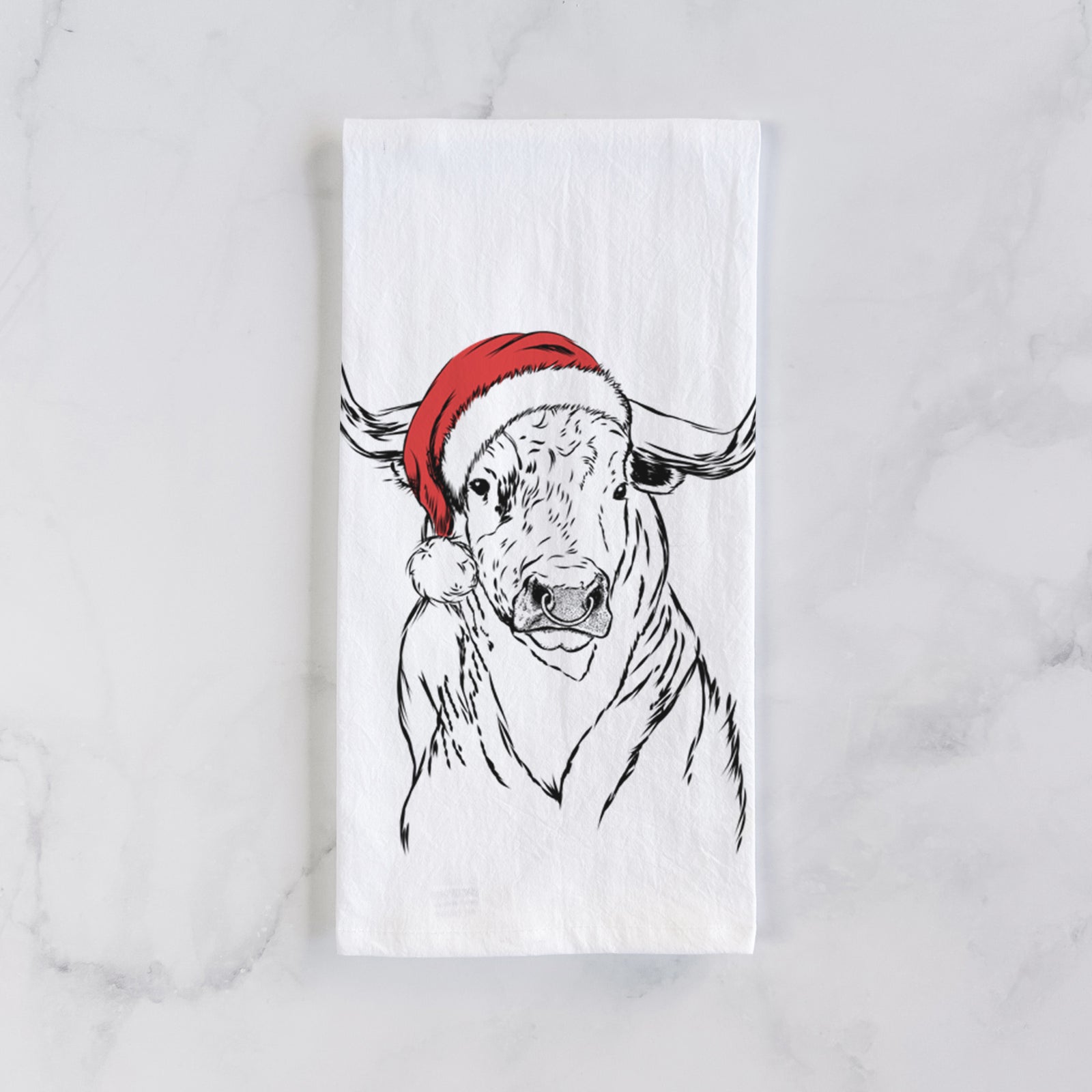 Hand-drawn sketch of Ferdinand the Bull wearing a Santa hat on a tea towel
