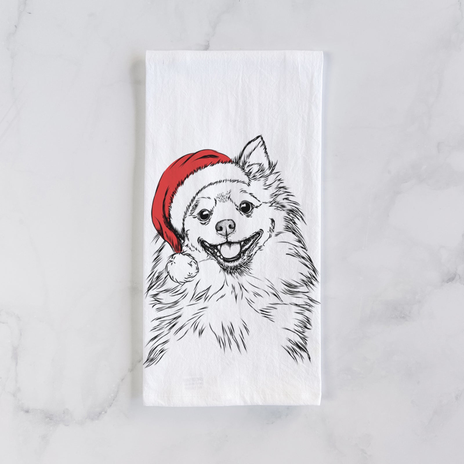 Hand-drawn sketch of Fibi the Spitz wearing a Santa hat on a tea towel