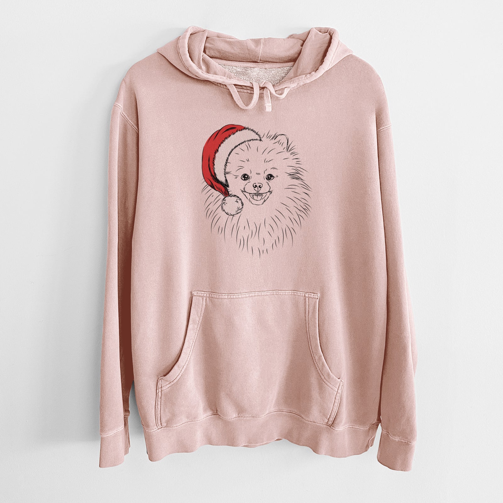 Hand-drawn sketch of Finn the Pomeranian wearing a Santa hat on a Dusty Pink Unisex pigment dyed hoodie