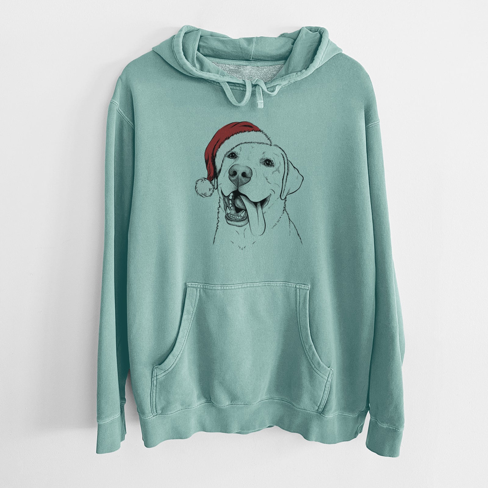 Hand-drawn sketch of Finn the Labrador Retriever wearing a Santa hat on a Mint Unisex pigment dyed hoodie