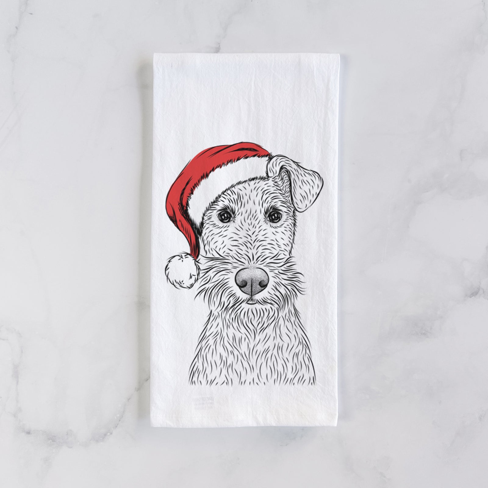 Hand-drawn sketch of Fitz the Wire Fox Terrier wearing a Santa hat on a tea towel
