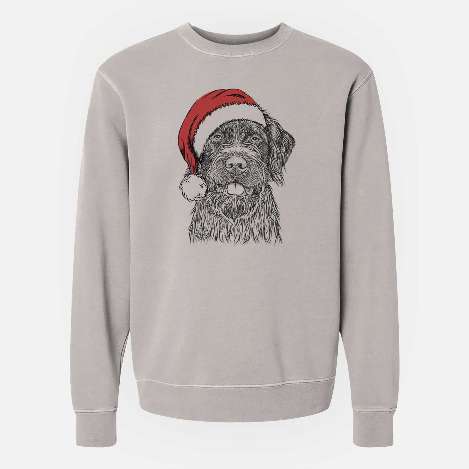 Hand-drawn sketch of Fletcher the Wirehaired Pointing Griffon wearing a Santa hat on a Cement Unisex pigment dyed crew sweatshirt
