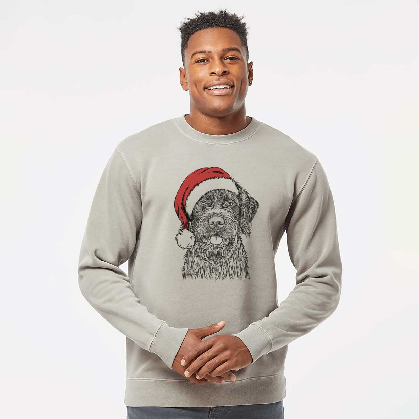 Hand-drawn sketch of Fletcher the Wirehaired Pointing Griffon wearing a Santa hat on a Cement Unisex pigment dyed crew sweatshirt