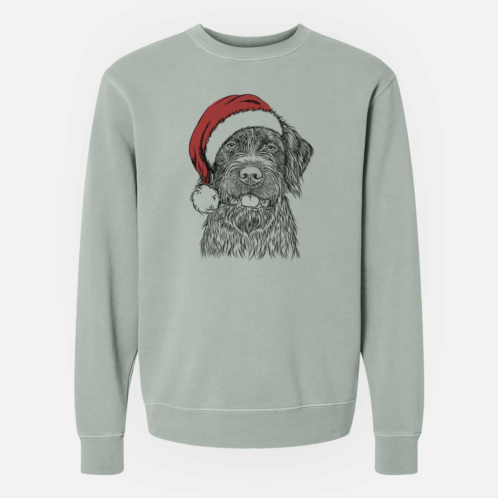 Hand-drawn sketch of Fletcher the Wirehaired Pointing Griffon wearing a Santa hat on a Sage Unisex pigment dyed crew sweatshirt