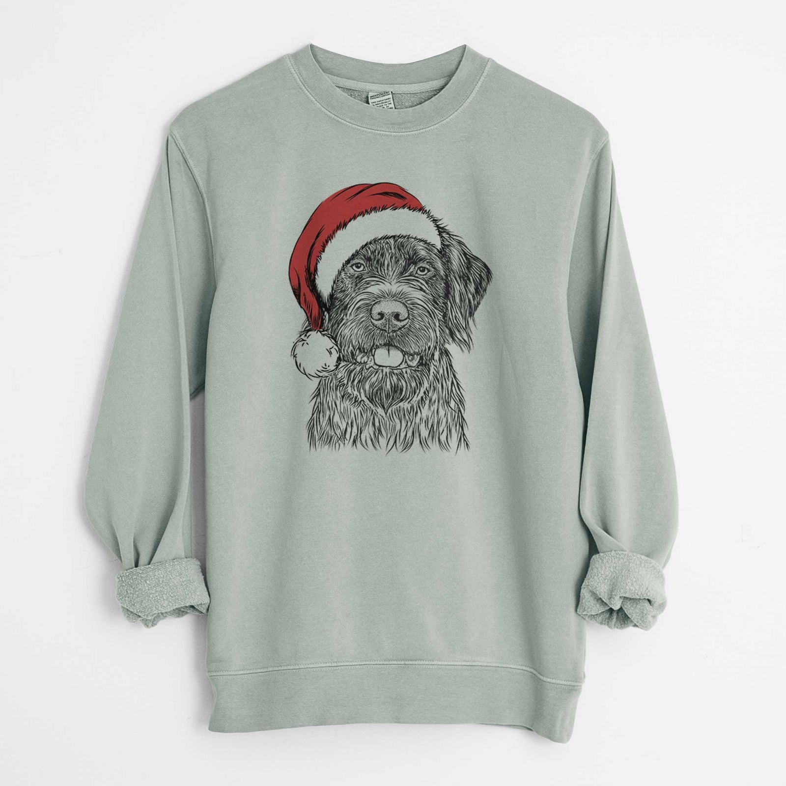 Hand-drawn sketch of Fletcher the Wirehaired Pointing Griffon wearing a Santa hat on a Sage Unisex pigment dyed crew sweatshirt
