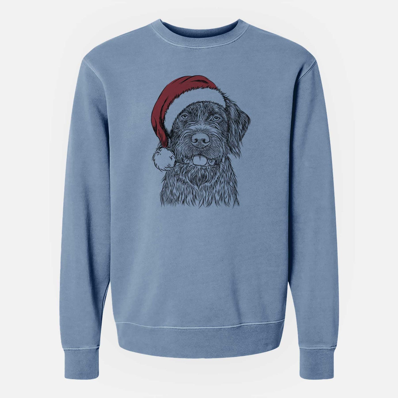 Hand-drawn sketch of Fletcher the Wirehaired Pointing Griffon wearing a Santa hat on a Slate Blue Unisex pigment dyed crew sweatshirt