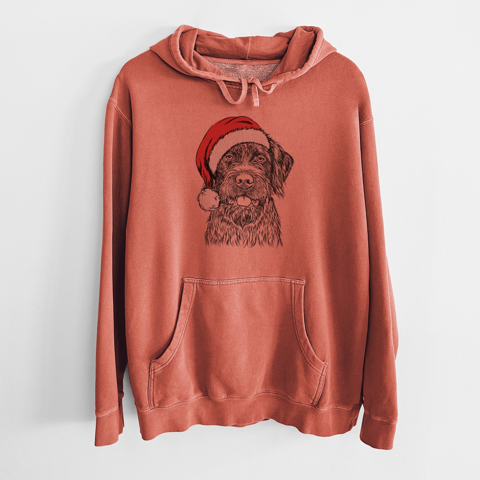 Hand-drawn sketch of Fletcher the Wirehaired Pointing Griffon wearing a Santa hat on an Amber Unisex pigment dyed hoodie