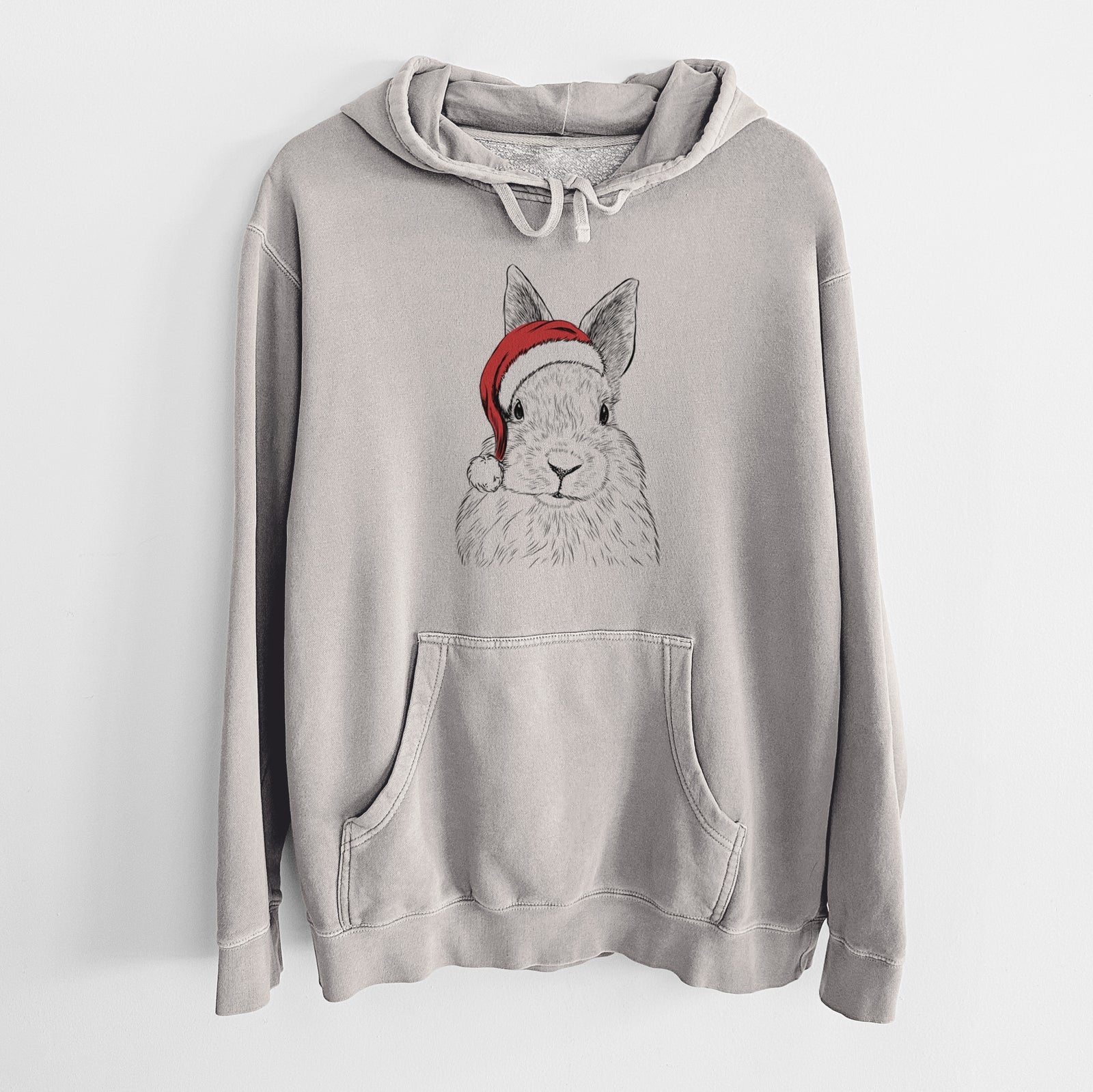 Hand-drawn sketch of Flower the Rex Rabbit wearing a Santa hat on a Cement Unisex pigment dyed hoodie