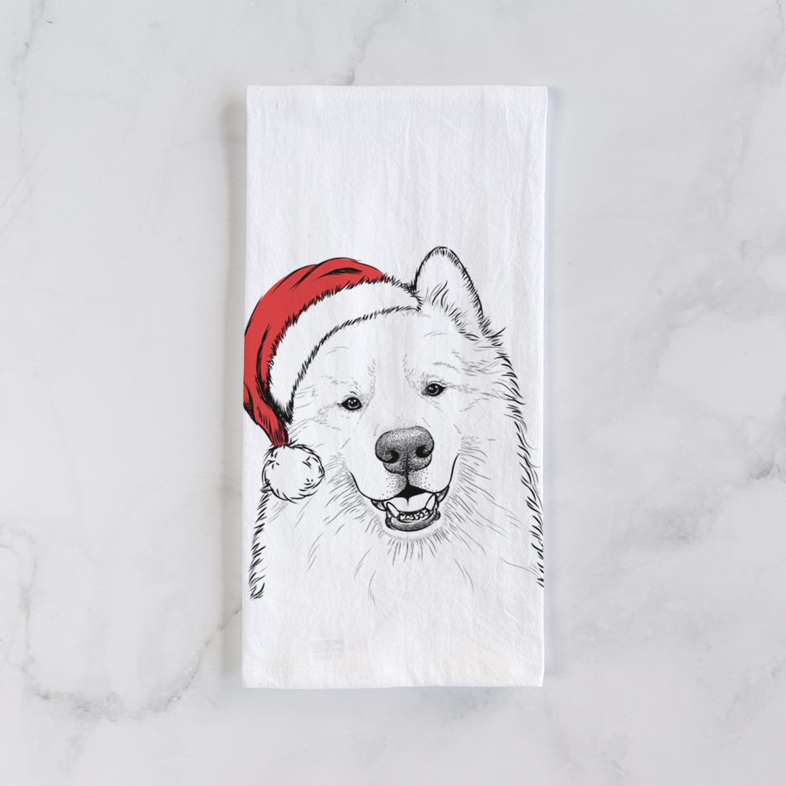 Hand-drawn sketch of Foster the Samoyed wearing a Santa hat on a tea towel
