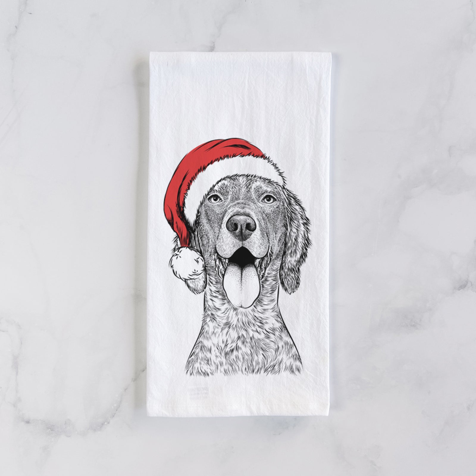 Hand-drawn sketch of Freddy the English Setter wearing a Santa hat on a tea towel