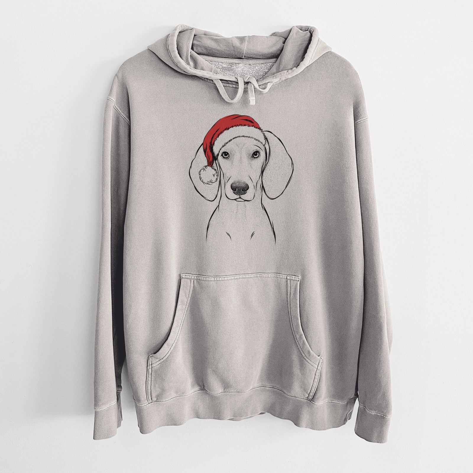 Hand-drawn sketch of Frejya the Weimaraner wearing a Santa hat on a Cement Unisex pigment dyed hoodie