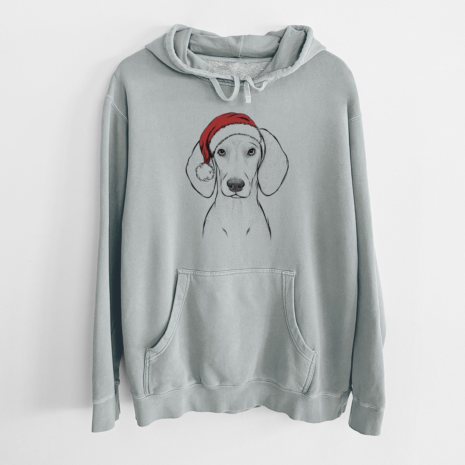 Hand-drawn sketch of Frejya the Weimaraner wearing a Santa hat on a Sage Unisex pigment dyed hoodie