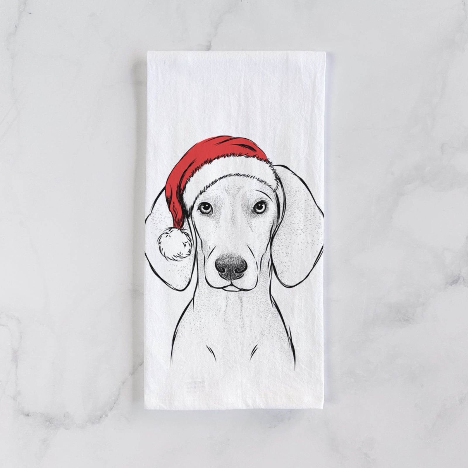 Hand-drawn sketch of Frejya the Weimaraner wearing a Santa hat on a tea towel