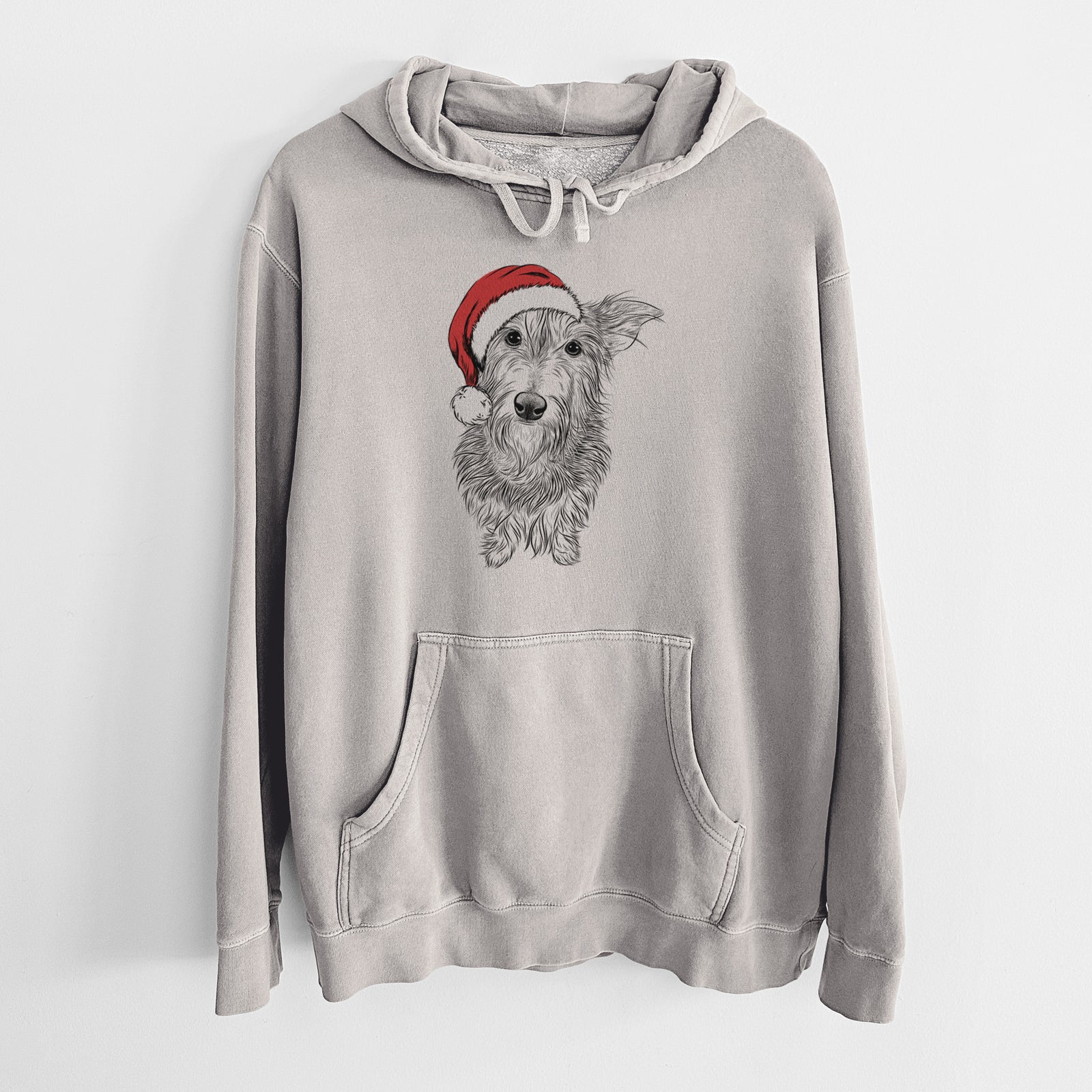 Hand-drawn sketch of Frida Doggo the Rescue Terrier Mix wearing a Santa hat on a Cement Unisex pigment dyed hoodie