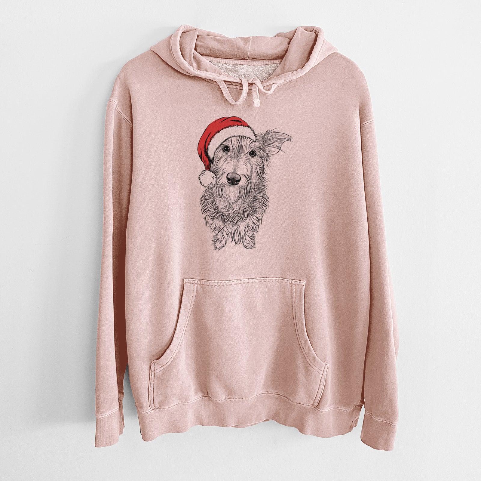 Hand-drawn sketch of Frida Doggo the Rescue Terrier Mix wearing a Santa hat on a Dusty Pink Unisex pigment dyed hoodie