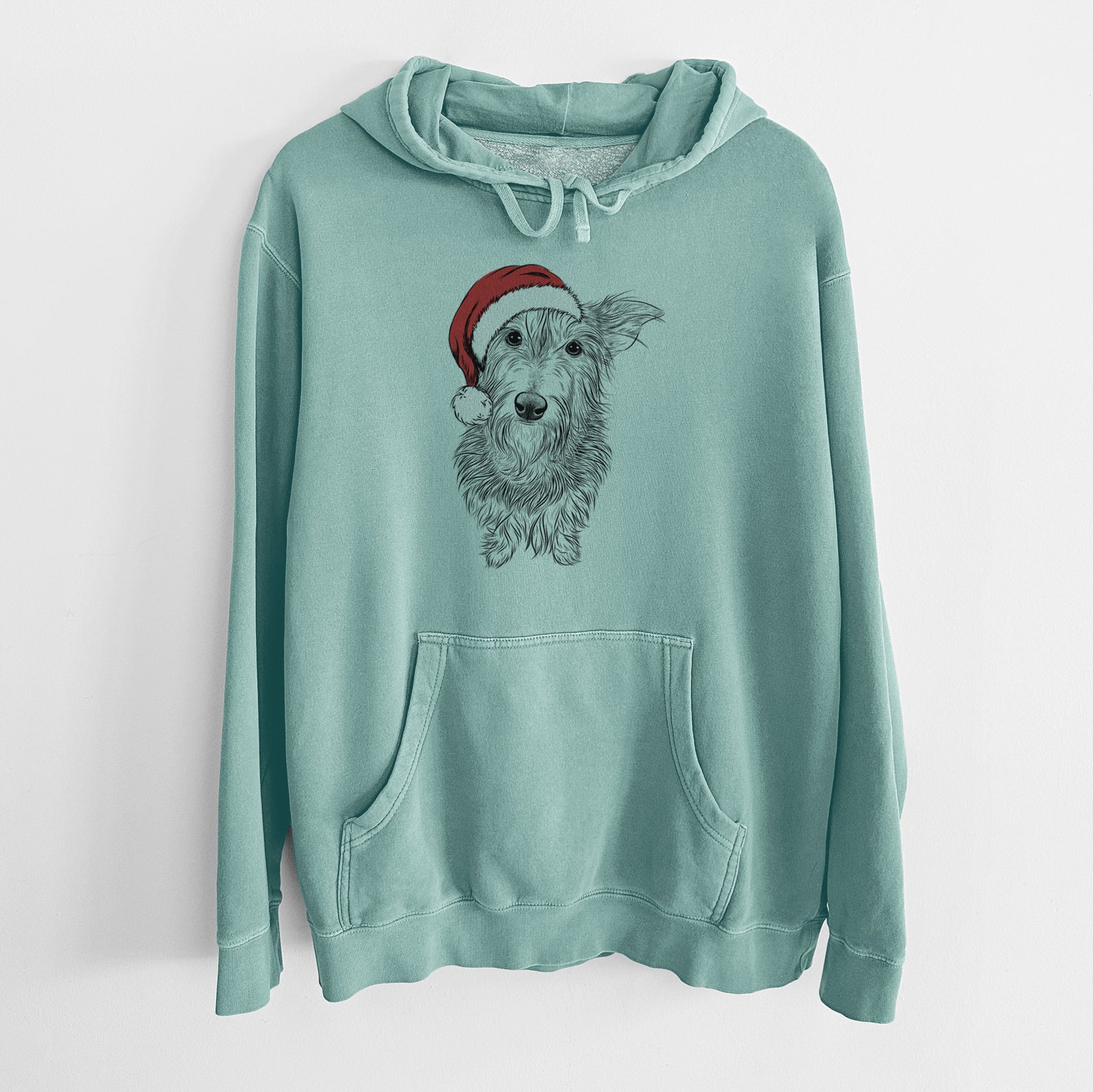 Hand-drawn sketch of Frida Doggo the Rescue Terrier Mix wearing a Santa hat on a Mint Unisex pigment dyed hoodie