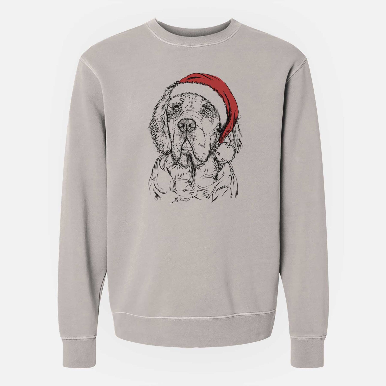 Hand-drawn sketch of Gary the Clumber Spaniel wearing a Santa hat on a Cement Unisex pigment dyed crew sweatshirt
