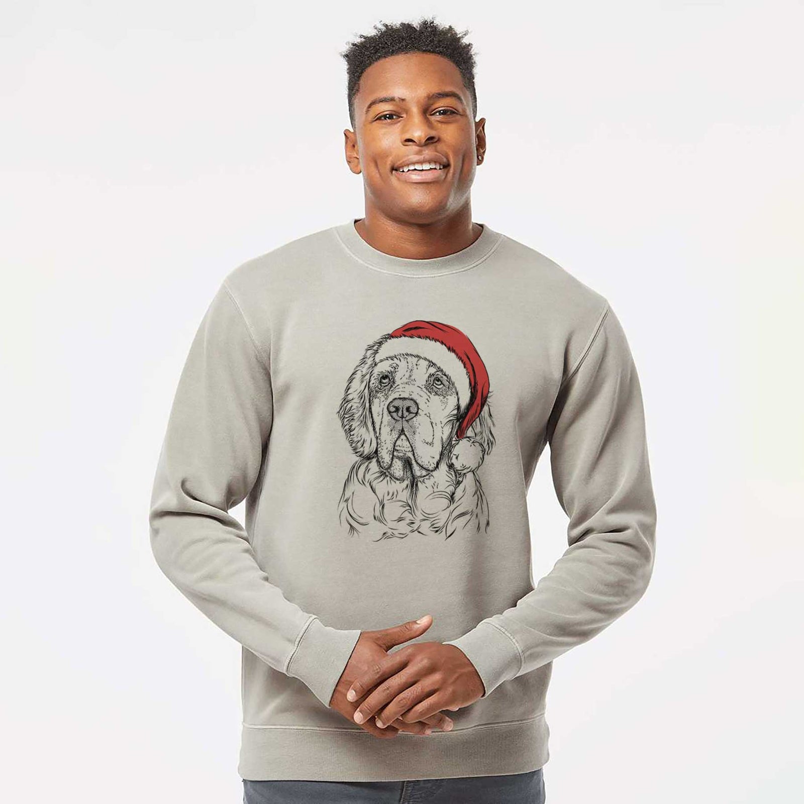 Hand-drawn sketch of Gary the Clumber Spaniel wearing a Santa hat on a Cement Unisex pigment dyed crew sweatshirt