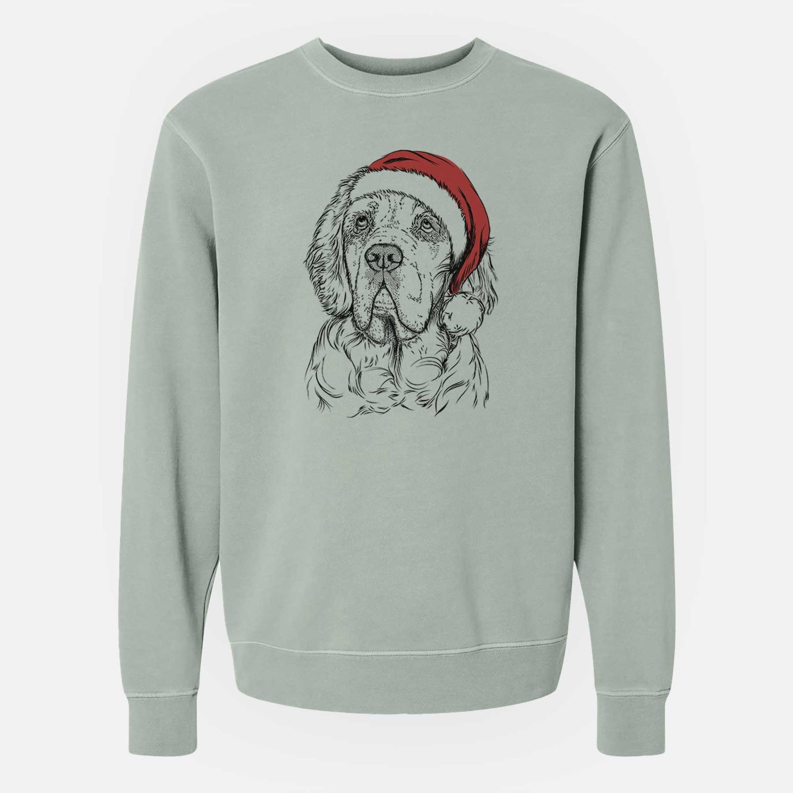 Hand-drawn sketch of Gary the Clumber Spaniel wearing a Santa hat on a Sage Unisex pigment dyed crew sweatshirt