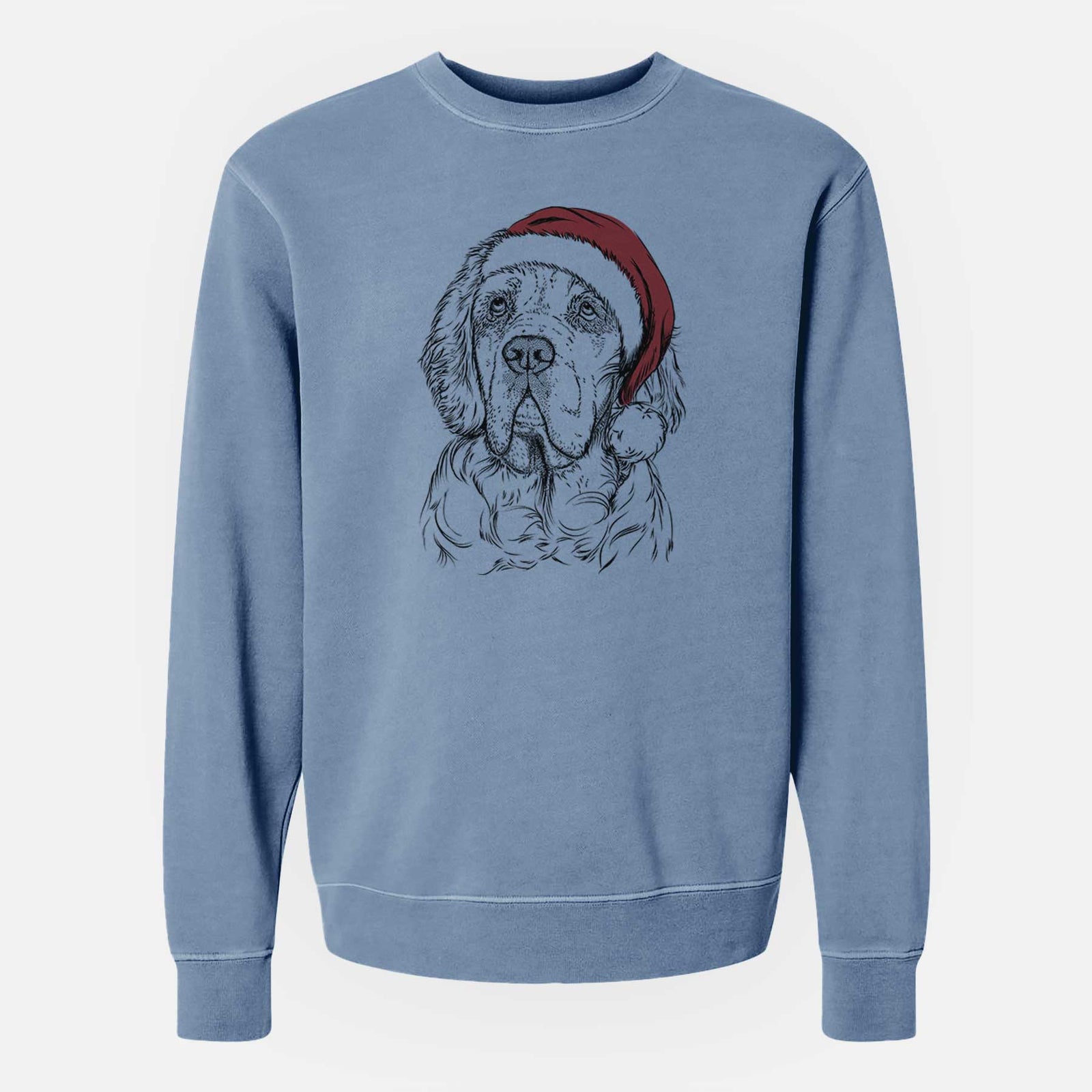 Hand-drawn sketch of Gary the Clumber Spaniel wearing a Santa hat on a Slate Blue Unisex pigment dyed crew sweatshirt