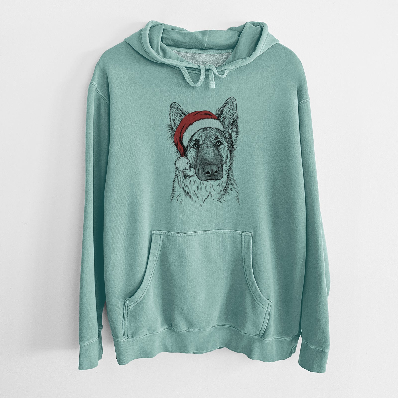 Hand-drawn sketch of Geddy the Shiloh Shepherd wearing a Santa hat on a Mint Unisex pigment dyed hoodie