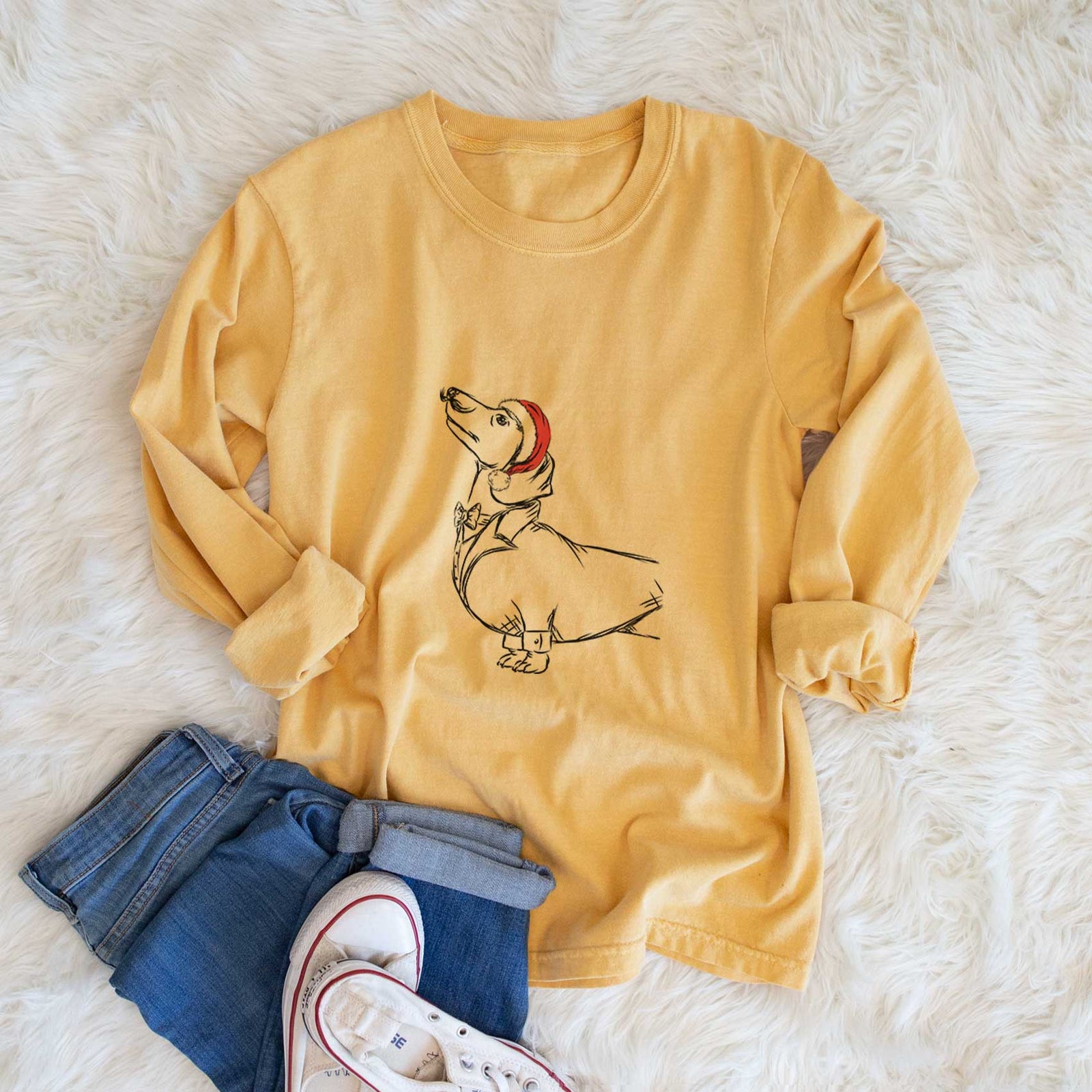 Santa George the Dachshund - Men's Heavyweight 100% Cotton Long Sleeve