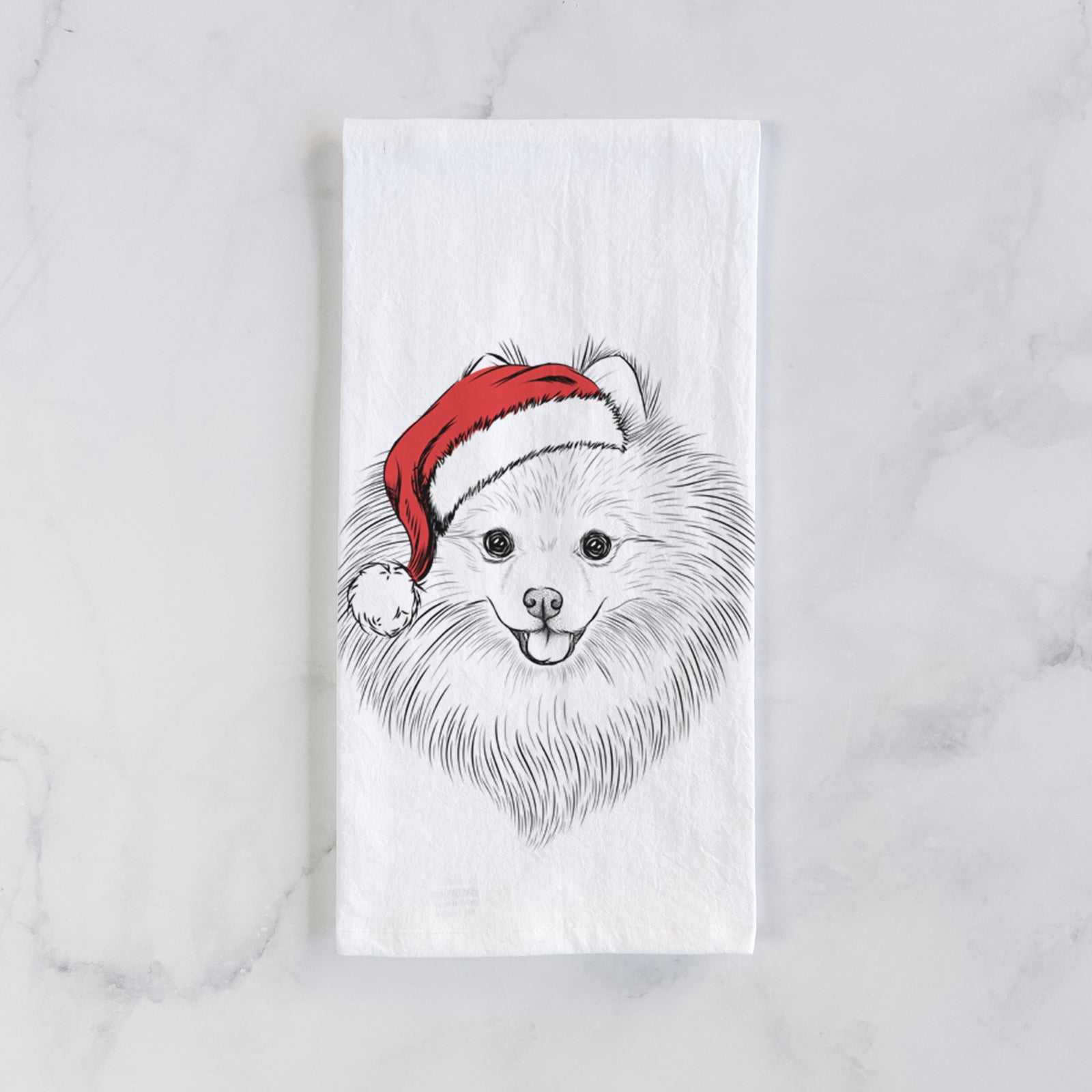 Hand-drawn sketch of GiGi the Pomeranian wearing a Santa hat on a tea towel