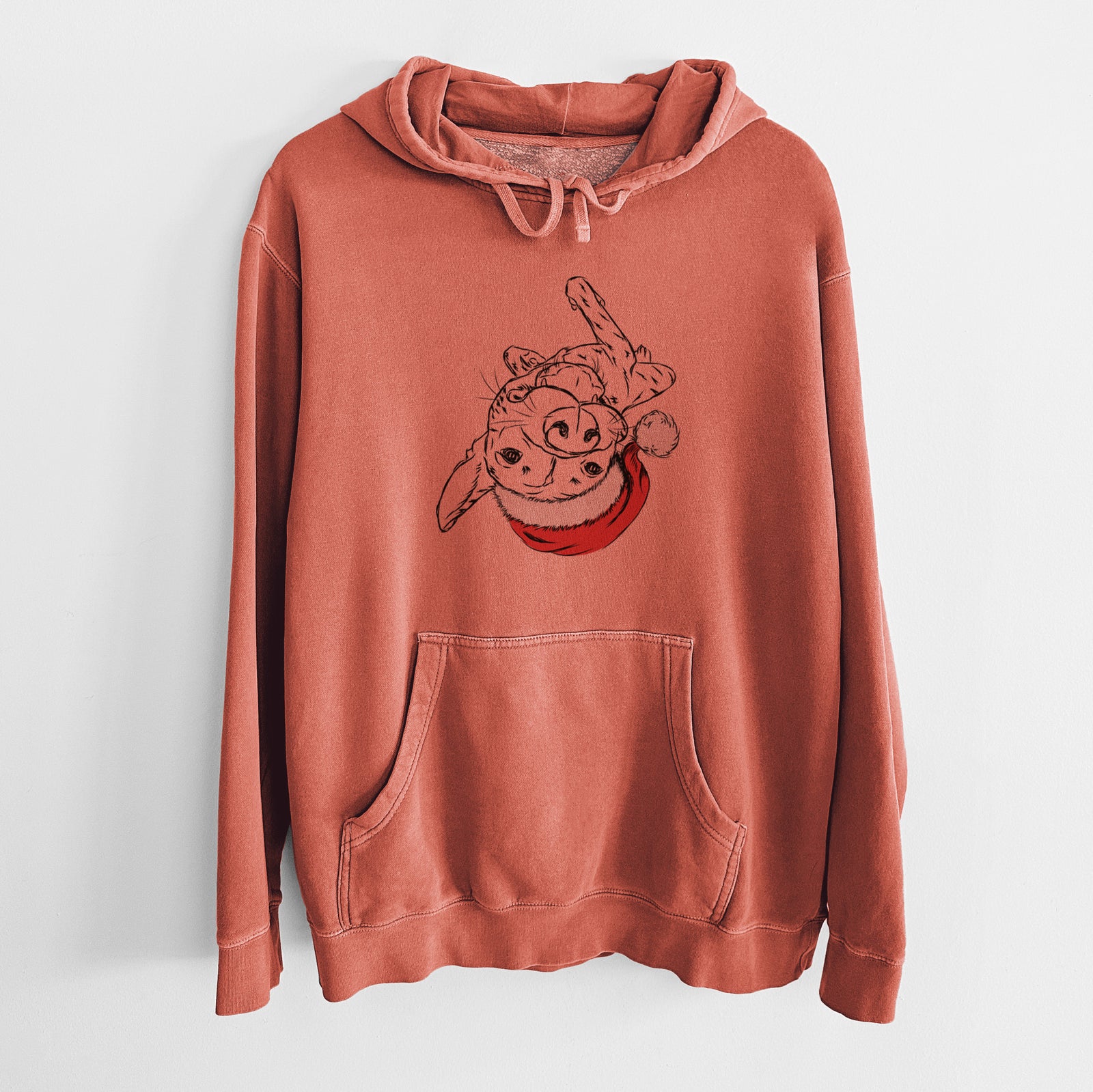 Hand-drawn sketch of Goose the Mixed Breed wearing a Santa hat on an Amber Unisex pigment dyed hoodie