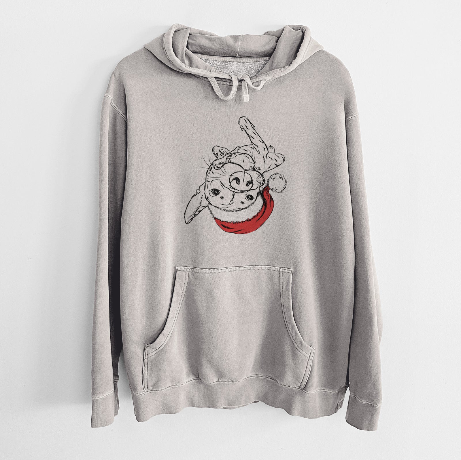 Hand-drawn sketch of Goose the Mixed Breed wearing a Santa hat on a Cement Unisex pigment dyed hoodie